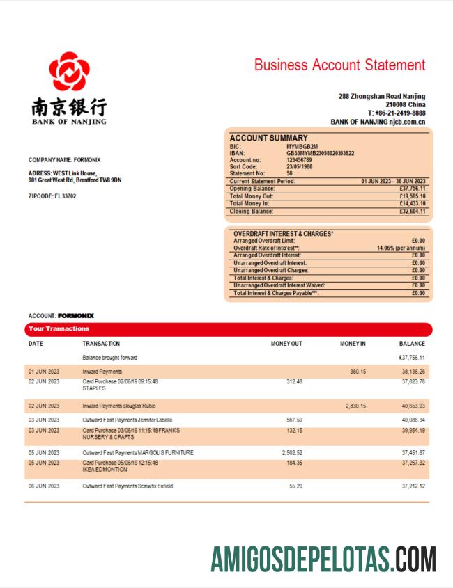 Realista Bank Of Nanjing Extrato de conta corrente corporativa modelo Word e PDF